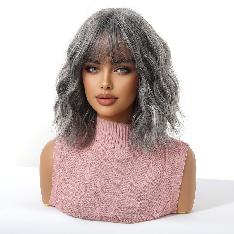 Short Grey Wavy Wigs for Women Natural Synthetic Wig with