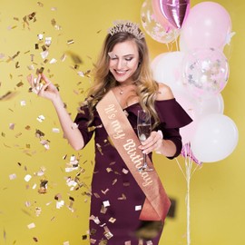 Chanaco Birthday Crowns for Women, Birthday Sash & Birthday Headband Set, Birthday Girl Sash & Birthday Tiara for Women (Rose Gold)