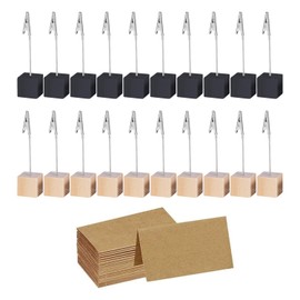 20 Pieces of Wooden Base Card Holders, 30 Pieces of Kraft Paper Cards, Cube Base Holder, Business Card Iron Holder, Message Holder, Decorative Note Holder, Standing Sign Holder