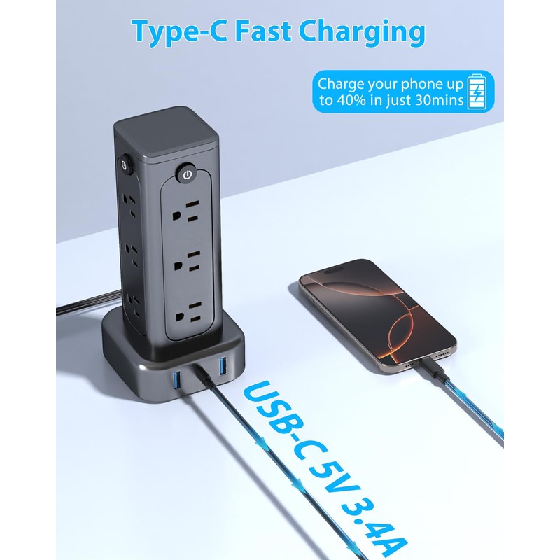 Vertical Power Strip with USB & Type-C, 12 AC Outlets