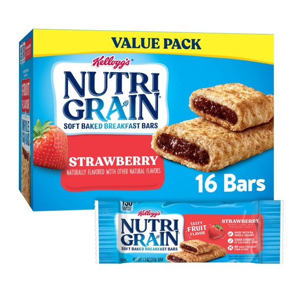 Nutri-Grain Soft Baked Breakfast Bars, Made with Whole Grains, Kids Snacks, Value Pack, Strawberry, (3 Boxes, 48 Bars)