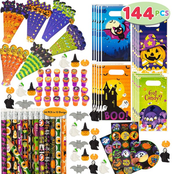 JOYIN 144 Pieces 24 Pack Assorted Halloween Themed Stationery Kids Gift Set Trick Treat Price Party Favor Toy Including Halloween Pencils, Rulers, Stickers, Stamps and Erasers in Trick or Treat Bags