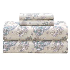 Feather & Stitch Softest 100% Cotton Sheets, 300 Thread Count Percale Weave Bedding, 16" Deep Pocket, Cooling Sheets, Breathable Bed Set, Hotel Premium Quality (Queen, Beige Paisley)