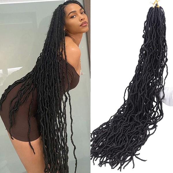 CLSFATION 36 Inch New Faux Locs Crochet Braids Hair 6 Packs Super Long Goddess Locs Curly Wavy Soft Locs Braiding Hair for Women Pre-looped Synthetic Afro Roots Braid Collection (1B#)