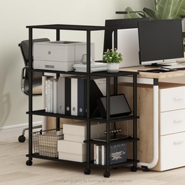 Furinno Turn-N-Tube 4-Tier Wide Toolless Multipurpose Printer Stand Display Storage Shelf with Wheels, Americano/Black