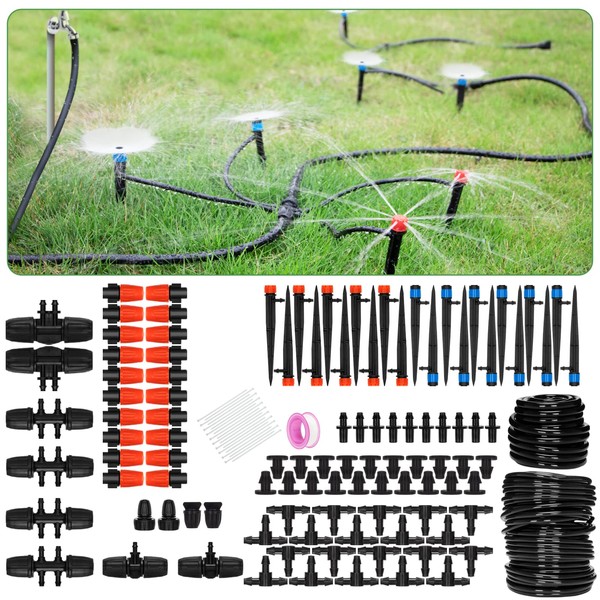 JAYEE 130FT Drip Irrigation Kit, Garden Irrigation System with Drip Nozzle Emitters,Drip Irrigation Tubing and Drip Irrigation Parts, Automatic Watering System for Potted Plants,Greenhouse,Lawn