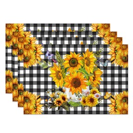 Buffalo Plaid Sunflower Placemats Set of 4, Yellow Floral Rustic Vintage Dining Table Place Mats Heat-Resistant Washable Linen Coasters for Seasonal Decoration 12x18 Inch