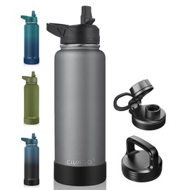 CIVAGO 40 oz Insulated Water Bottle With Straw, Stainless Steel Sports Water Flask Cup with 3 Lids (Straw, Spout and Handle Lid), Double Walled Travel Thermal Canteen Mug, Cool Gray