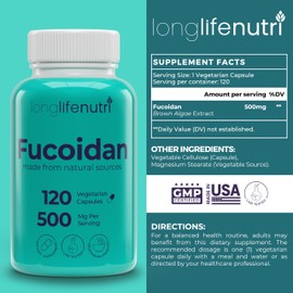 Fucoidan 500mg – Brown Seaweed Extract Supplement from a Natural Source of Fucoidan & Fucoxanthin | 120 Vegetarian Capsules for Energy & Wellness | Made in USA, GMP Certified