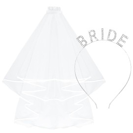 KICOSY Bride Headband and Veil for Bachelorette Party Wedding Bridal Shower Hairband Wedding Headpiece for Bride Veil Attached to Headband