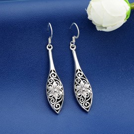 EVER FAITH Women's 925 Sterling Silver Bali Inspired Flower Filigree Puffed Teardrop Dangle Hook Earrings