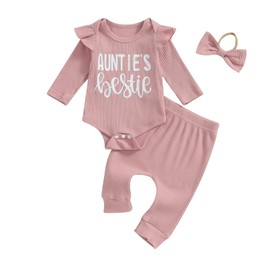NZNDSHD Auntie Baby Clothes Girl Fall Winter Ribbed Knit Outfit Long Sleeve Romper Bodysuit Elastic Pants Headband Set (Pink Auntie, 0-3 Months)