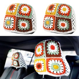 CSWCS 2PCS Crochet Seat Headrest Cover,Car Head Rest Protector,Cute Sunflower Car Accessories for Women, Universal Seat Cover Boho Car Decor Fit Sedans,SUVs,Trucks (19Multicolor-Sunflower)
