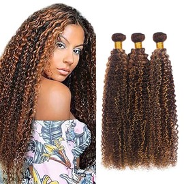 AiPliantfis Real Hair Wefts Brazilian Hair Bundles Human Hair Bundles Curly Wave Bundles Human Hair Extension P430 Highlight Brown Bundles Curly Wave Bundles Double Weft for Women 18 20 22 Inches