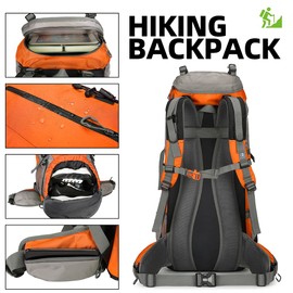 HongXingHai 70L Camping Hiking Backpack with Rain Cover Waterproof Backpacking Backpack for Hiking Treeking Climbing Outdoor (Orange)