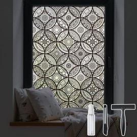 DKTIE Boho Stained Glass Look Window Privacy Film with Installation Tools, Decorative Frosted Glass Window Film Static Cling No Glue Removable, Pure Black, 35.4" x 118.1"