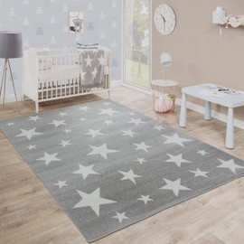 Paco Home Modern Kids Rug Star Design Children's Room Grey White, Size: 3'11" Round