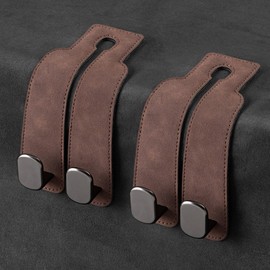 Amelity Car Seat Headrest Hooks, 2 in 1 Car Headrest Hidden Hooks, Car Purse Hooks Headrest, Car Seat Hooks Leather (Brown-2 Pack)