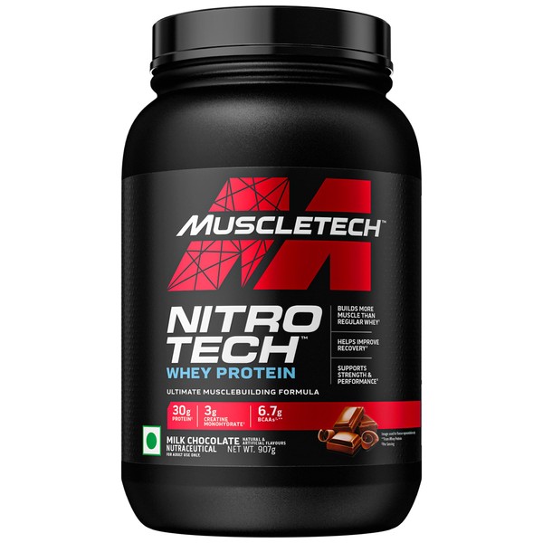 Whey Protein Powder | MuscleTech Nitro-Tech Whey Protein Isolate & Peptides | Protein + Creatine for Muscle Gain | Muscle Builder for Men & Women | Sports Nutrition | Chocolate, 2.2 lb (22 Servings)