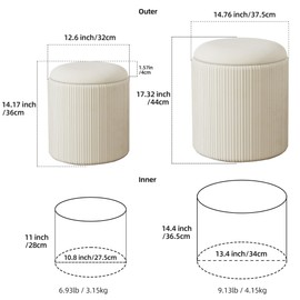 Twira Round Ottoman with Storage Set of 2, Velvet Nesting Ottoman for Living Room,Bedroom,Dorm,RV, Flip-up Lid Coffee Table, Upholstered Makeup Vanity Stool,Multifunctional Foot Rest 330lbs Load Beige