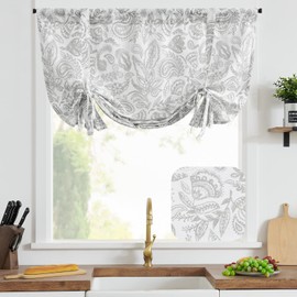 jinchan Tie Up Shade Valance Curtain Paisley Gray Linen Valance for Window Adjustable Floral Valance Farmhouse Window Treatment for Living Room 63 Inch Light Filtering Rod Pocket 1 Panel Grey