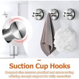 Bestgle 4Pcs Stainless Steel Kitchen Suction Cup Hooks Reusable Shower Towel Hooks for Bathroom, No Drill Hooks for Glass, Smooth Walls - Strong Suction Cup Hangers for Wreaths, Towels