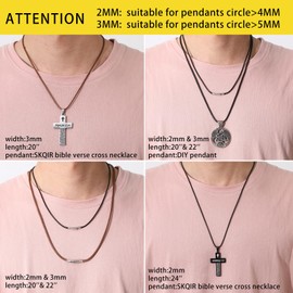 2mm Black Waterproof Braided Leather Cord Necklace with Durable Stainless Steel Snap Clasp Men Women Woven Wax String Rope Chain for DIY Pendant Length 20"