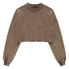 Hixiaohe Womens Cropped Sweatshirts Vintage Long Sleeve Pullover Tops Acid Wash Sweatshirt Hoodies for Women Workout Crop Top(Coffee,M)