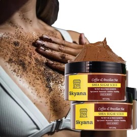 Skyana Coffee & Brazilian Nuts Shea Sugar Scrub, Face and Body Exfoliator with Walnut Oil, 250g,8.8 OZ,Collagen,age control,acne control,anti-oxidation remeval pimples.Organic.