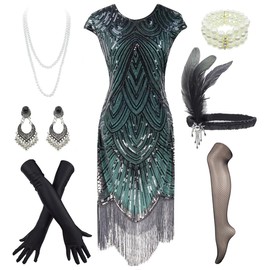1920s Flapper Dress Roaring 20s Great Gatsby Fringed Sequin Dress Accessories Set (X-Large, Black&Green)