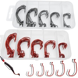 ANDEWX 100 Pieces Offset Hooks, 5 Sizes Dropshot Hooks, Carbon Steel Worm Fishing Hook Set with Box for Rubber Bait, Creature Bait, Saltwater Fishing Accessories Kit