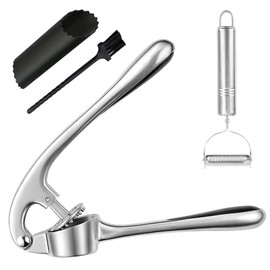 Oiieco Garlic Press Set, Garlic Crusher Mincer Dual Function Heavy Duty Home Kitchen Utensils Gadgets with Cleaning Brush Garlic Peeler for Fine Mincing, Easy to Clean Rust-Proof Silver