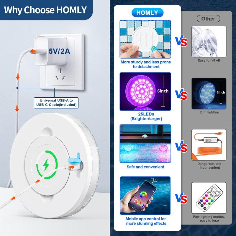 Homly Rechargeable Submersible Pool Lights with Wireless APP Control, Waterproof