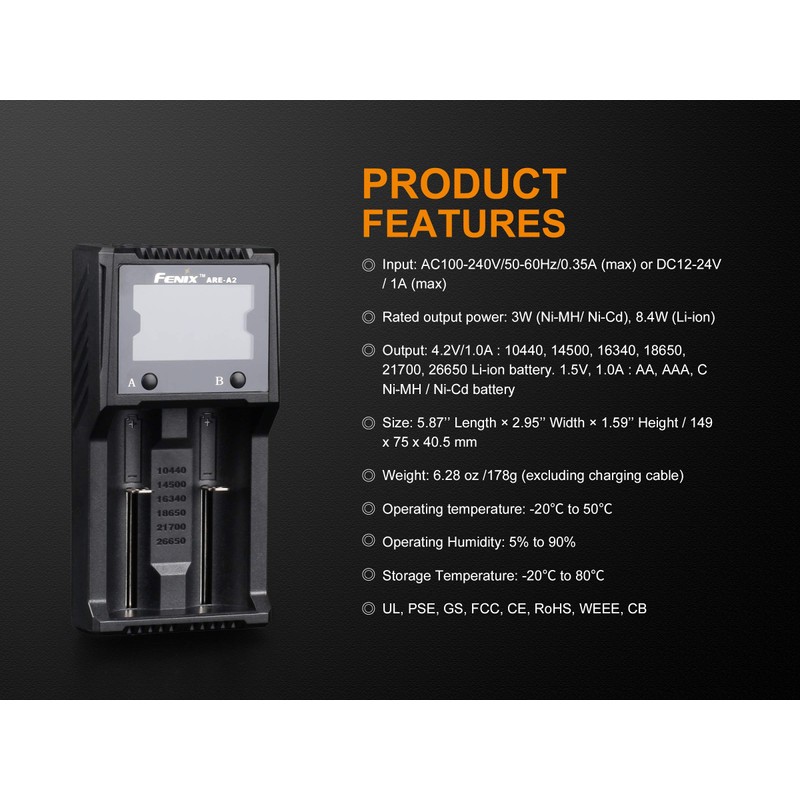 EdisonBright Fenix are-A2 Home/in-car Battery Charger for 21700/18650/16340 BBX5 Battery