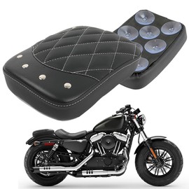 Motorcycle Rectangular Pillion Passenger Pad Seat 8 Suction Cup Rear Leather Passenger Seat Compatible with Harley Custom Cafe Racer Bobber Chopper Custom Application (Black Rhombus Pattern w/Rivet)