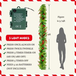 9FT Pre-Lit Christmas Garland with Red Berries and Balls, Pine Cone, 50 Battery Operated Soft LED Lights for Mantle Staircase Indoor and Outdoor