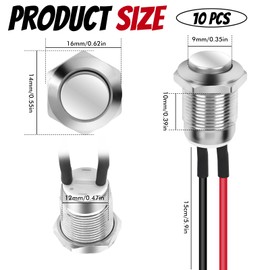 Pack of 10 Waterproof Push Buttons, 12 mm Button with Wire, Momentary Metal Push Switch, 5A Switch 12V/24V//125V/250V for Horns, Electric Bell, Car (High Head)