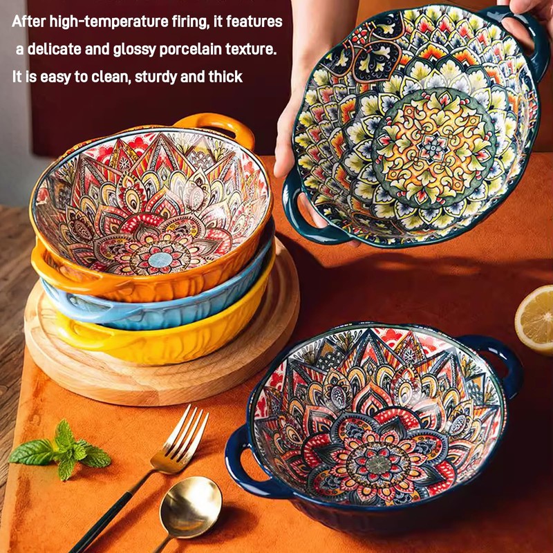 Bohemia Large Bowls with Handle, 40 oz Ceramic Soup Bowl