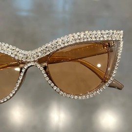 Fashionable Cat Eye Glasses for Women Adorned with Rhinestones, Featuring a Sparkling Composite Frame. Ideal for Proms, CostumeDesign: Champagne, Frame Material: Alloy