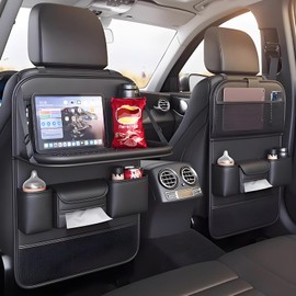 FASTAGEI 2 Pack Universal Foldable Car Backseat Organizer with Table Tray, Car Seat Back Protector with Touch Screen Phone Holder, Premium Leather Kick Mats Protector with Storage Pockets Tissue Box