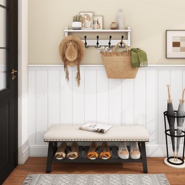 Homode Wall Shelf with Hooks, 24 Inch Coat Rack with Shelf, Farmhouse Entryway Floating Shelf with Tri Hooks, Coat Hanger with Storage for Bathroom, Entry Way, Mudroom, White