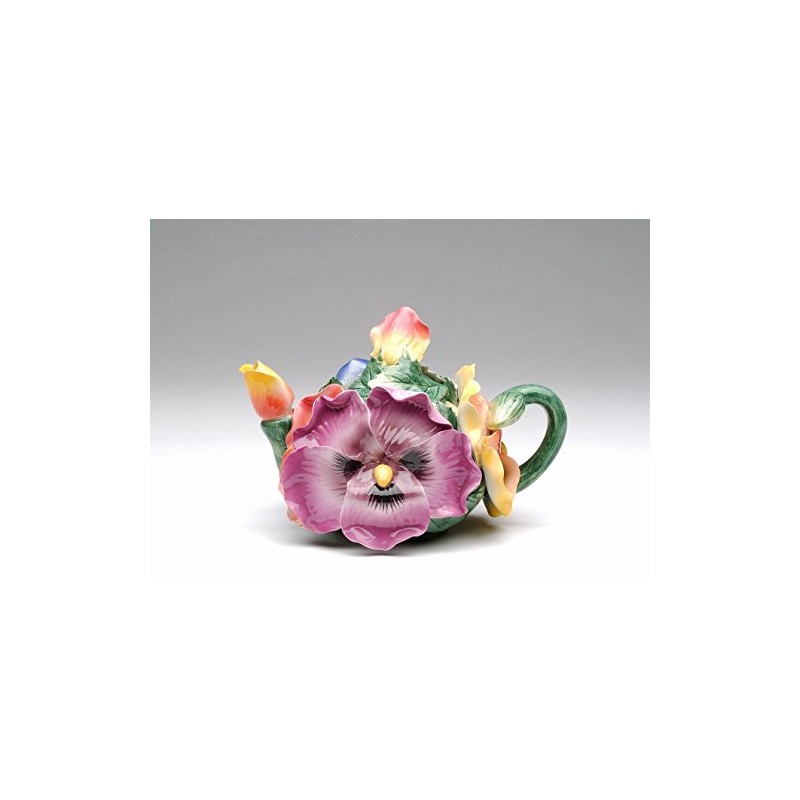Fine Ceramic Hand Painted Colorful Pansy Teapot, 6-1/2" L