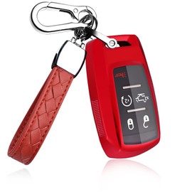 HIBEYO Key Fob Cover for 2020 2021 2022 Dodge Ram Truck Journey RMA1500 2500 3000 Key Case Shell Holder Accessories with Keychains Fit for RAM 3/4/5/6 Buttons Car Key-Red