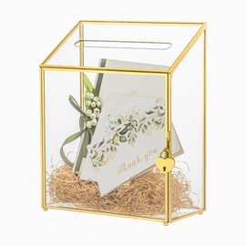 NCYP Wedding Card Box with Slot and Lock - 9.5x4.5x11.8 inches - Gold Glass Envelope Donation Box for Birthday Party Reception - Vintage Centerpiece, Decoration (Glass Box Only)