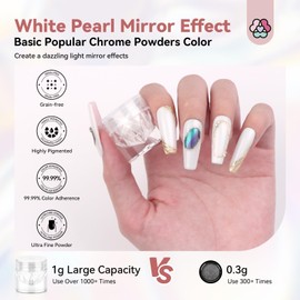Saviland White Pearl Chrome Nail Powder: 1g Metallic Mirror Effect Chrome Powder for Nails Aurora Mermaid Chrome Nail Powder for Gel Polish Nail Art Decoration Pearl Glitter Pigment Dust Kit Home DIY | SAVILAND