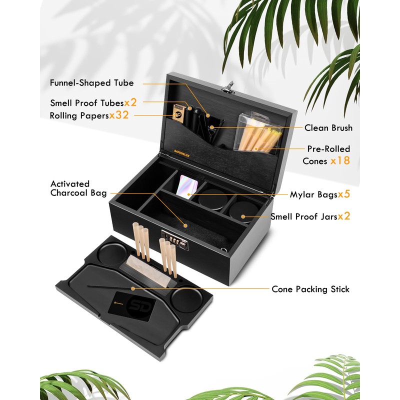 SafeDelux Extra Large Bamboo Stash Box with Combination Lock, Smell