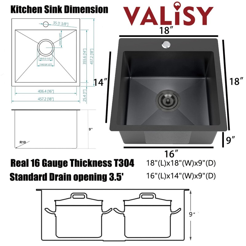 VALISY 18x18 Inch Black Bar Sink Drop In, Topmount Stainless
