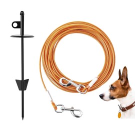 Mi Metty Dog Tie-Out Cable and Stake 50ft Heavy Duty Cable for Dogs with16 Ground Stake - Ideal for Yard, Camping, and Beach for Medium to Large Dogs Up to 120 lbs(Orange and Black, 50 ft/120Ibs)