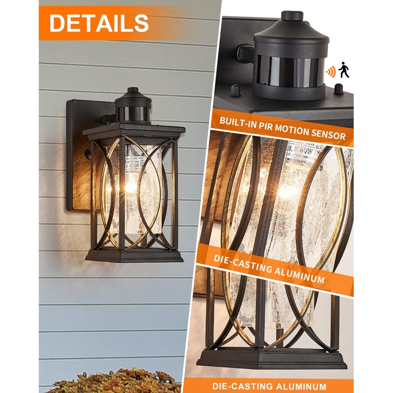 Delicavy Motion Sensor Outdoor Wall Light with Dimmable Bulb, Modern