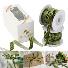 HUIHUANG Velvet Ribbon 3/8" Moss Green Crushed Velvet Ribbon for Christmas Tree Ornaments, Gift Wrapping, Wreath Decoration, Invitations, Holiday Home Decor, Bows, Flower Bouquet -10 Yards